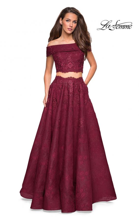 Picture of: Two Piece Off the Shoulder Lace Prom Dress in Burgundy, Style: 27028, Detail Picture 2