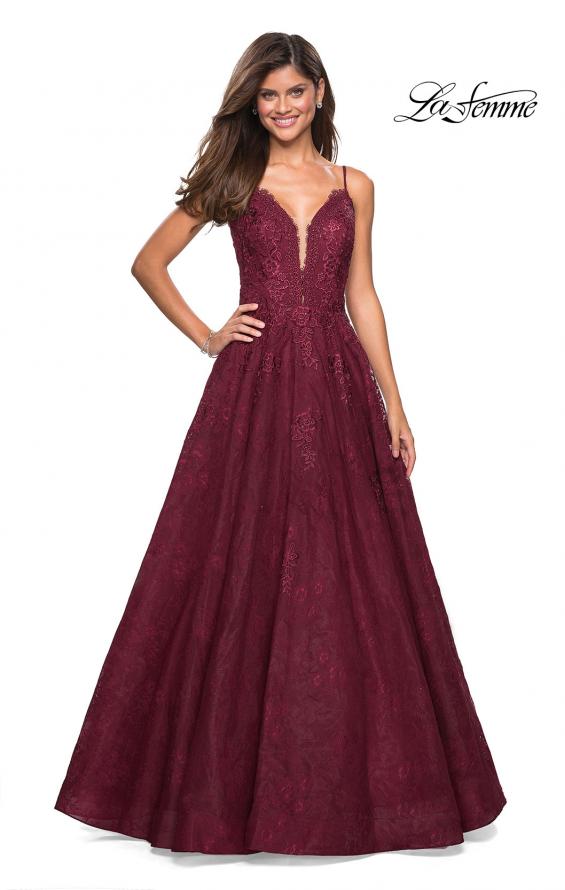 Picture of: Lace Detail Long A Line Prom Dress with Open Back in Burgundy, Style: 27030, Detail Picture 3