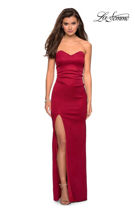 Picture of: Strapless Form Fitting Satin Dress with Side Leg Slit in Burgundy, Style: 27787, Detail Picture 3