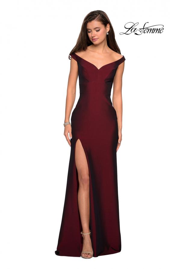 Picture of: Elegant Off the Shoulder Dress with Side Leg Slit in Burgundy, Style: 27587, Detail Picture 4