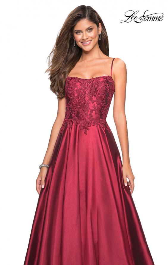 Picture of: Long Mikado Gown with Lace Bust and Open Back in Burgundy, Style: 27222, Detail Picture 5