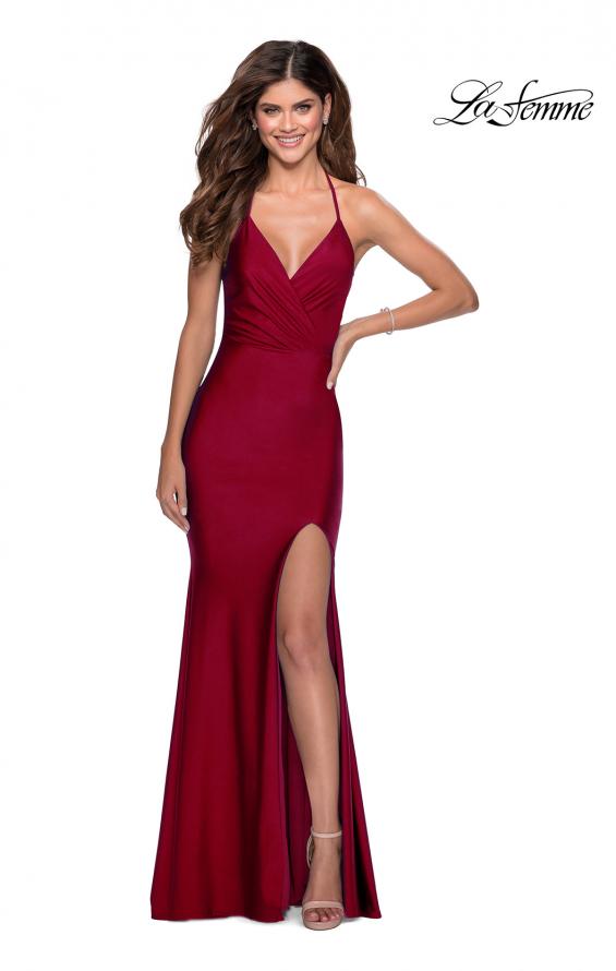 Picture of: Long Chiffon Prom Dress with Unique Lace Up Back in Burgundy, Style 28552, Detail Picture 5