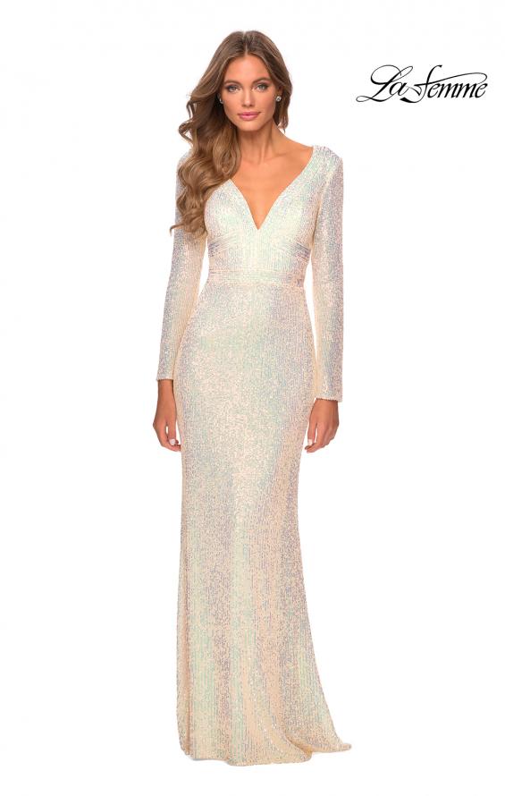 Picture of: Long Sleeve Sequin Gown with Open Back Detail in Champagne, Style: 28743, Detail Picture 3