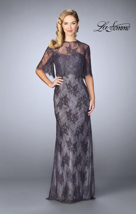 Picture of: Evening Strapless Lace Dress with Matching Lace Shawl in Charcoal, Style: 24856, Main Picture