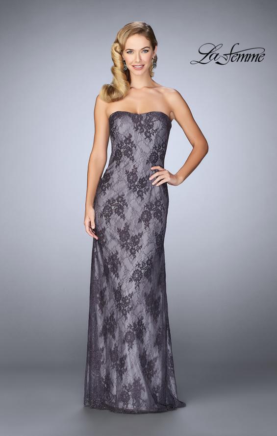 Picture of: Evening Strapless Lace Dress with Matching Lace Shawl in Charcoal, Style: 24856, Detail Picture 1