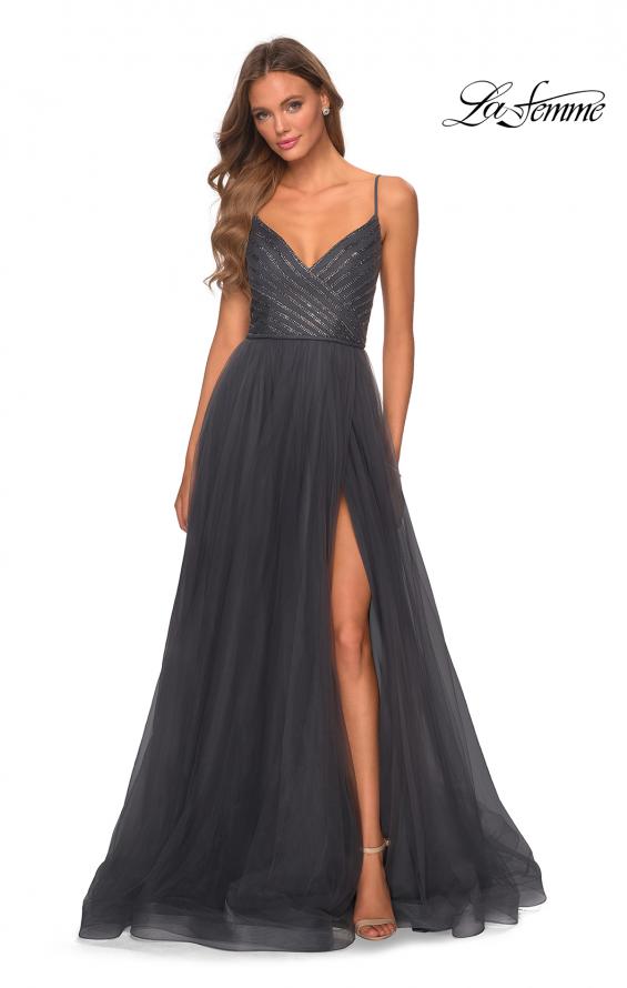 Picture of: Tulle A-line Dress with Patterned Rhinestone Bodice in Charcoal, Style: 28511, Detail Picture 6