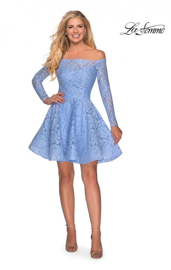 Picture of: Short Lace Dress with Off The Shoulder Long Sleeves in Cloud Blue, Style: 28175, Detail Picture 8