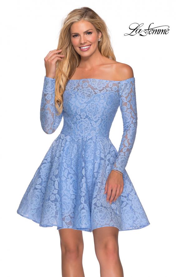 Picture of: Short Lace Dress with Off The Shoulder Long Sleeves in Cloud Blue, Style: 28175, Detail Picture 3