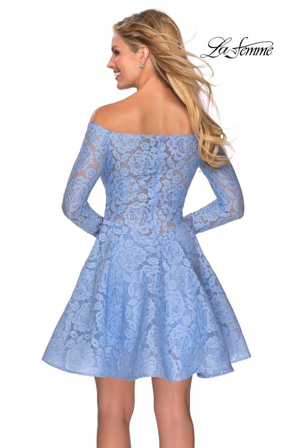 Picture of: Short Lace Dress with Off The Shoulder Long Sleeves in Cloud Blue, Style: 28175, Detail Picture 4