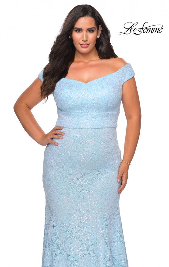 Picture of: Off the Shoulder Lace Plus Dress with Defined Waist in Cloud Blue, Style: 28883, Detail Picture 8