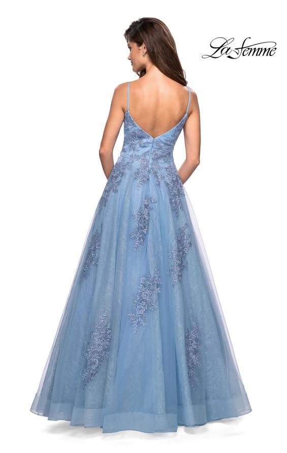 Picture of: Classic Lace A Line Dress with V Neckline and Pockets in Cloud Blue, Style: 27492, Back Picture