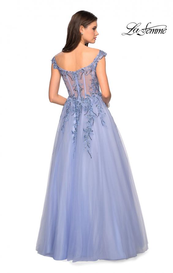 Picture of: Off the Shoulder Tulle Gown with BEaded Embellishments in Cloud Blue, Style: 27595, Back Picture