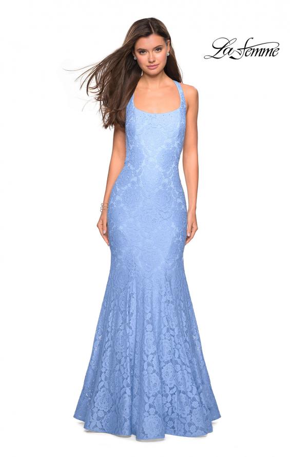 Picture of: Stretch Lace Mermaid Prom Dress with Cut Out Back in Cloud Blue, Style: 27484, Back Picture
