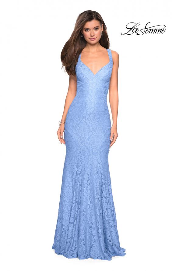 Picture of: Stretch Lace Long Dress with Open Strappy Back in Cloud Blue, Style: 27623, Detail Picture 1
