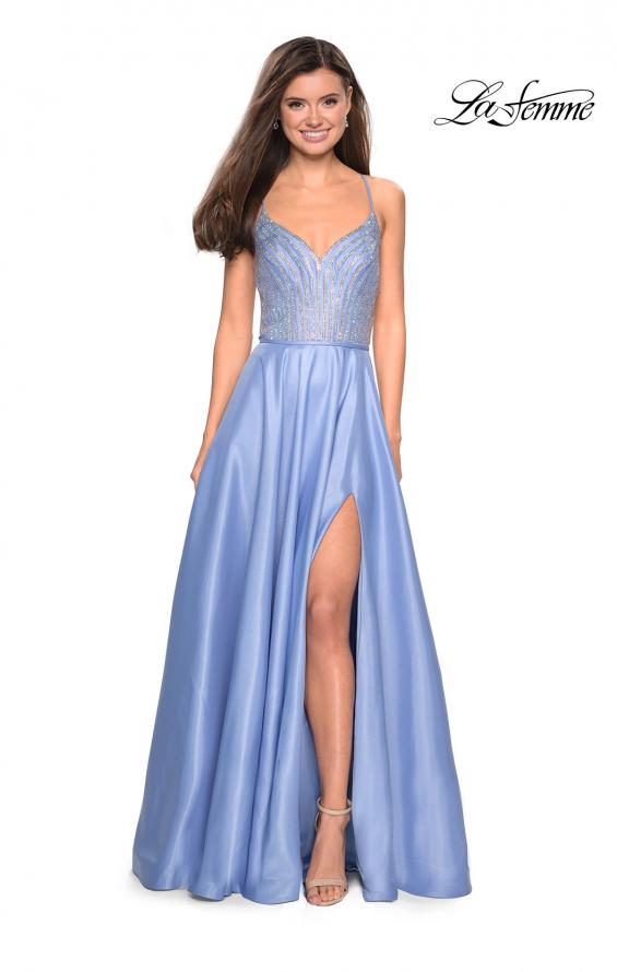 Picture of: Long Mikado Gown with Rhinestone Bodice and Slit in Cloud Blue, Style: 27634, Detail Picture 1