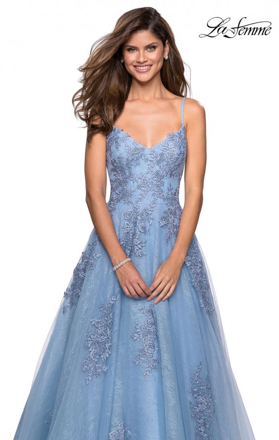 Picture of: Classic Lace A Line Dress with V Neckline and Pockets in Cloud Blue, Style: 27492, Detail Picture 3