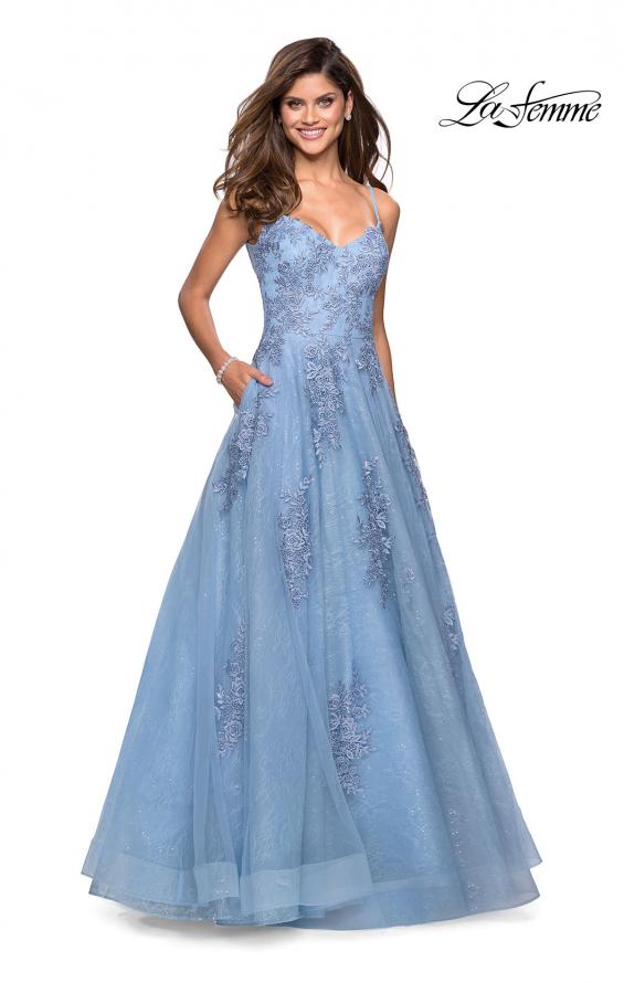 Picture of: Classic Lace A Line Dress with V Neckline and Pockets in Cloud Blue, Style: 27492, Detail Picture 4