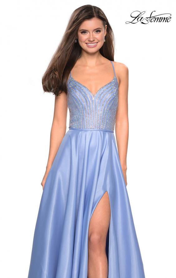 Picture of: Long Mikado Gown with Rhinestone Bodice and Slit in Cloud Blue, Style: 27634, Detail Picture 4