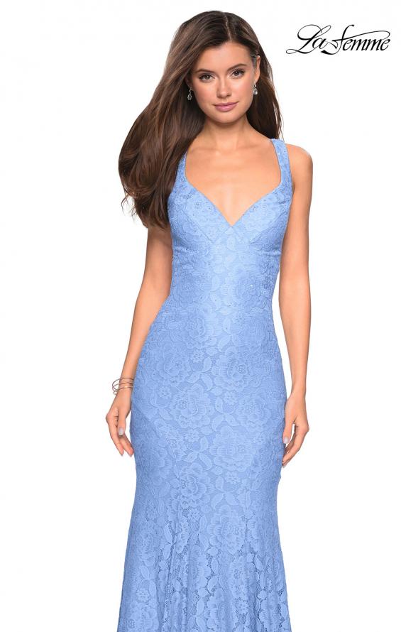 Picture of: Stretch Lace Long Dress with Open Strappy Back in Cloud Blue, Style: 27623, Detail Picture 5