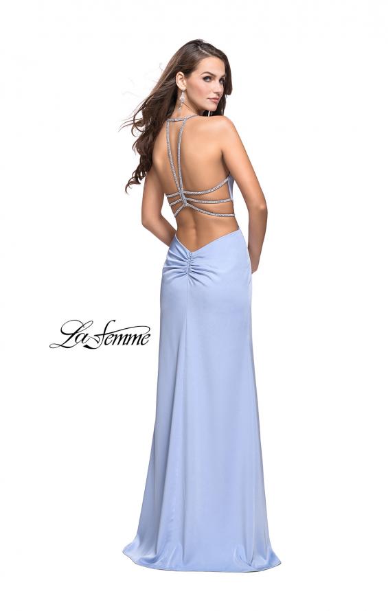 Picture of: Long Jersey Prom Dress with Plunging Neckline and Beading in Cloud Blue, Style: 25398, Detail Picture 5