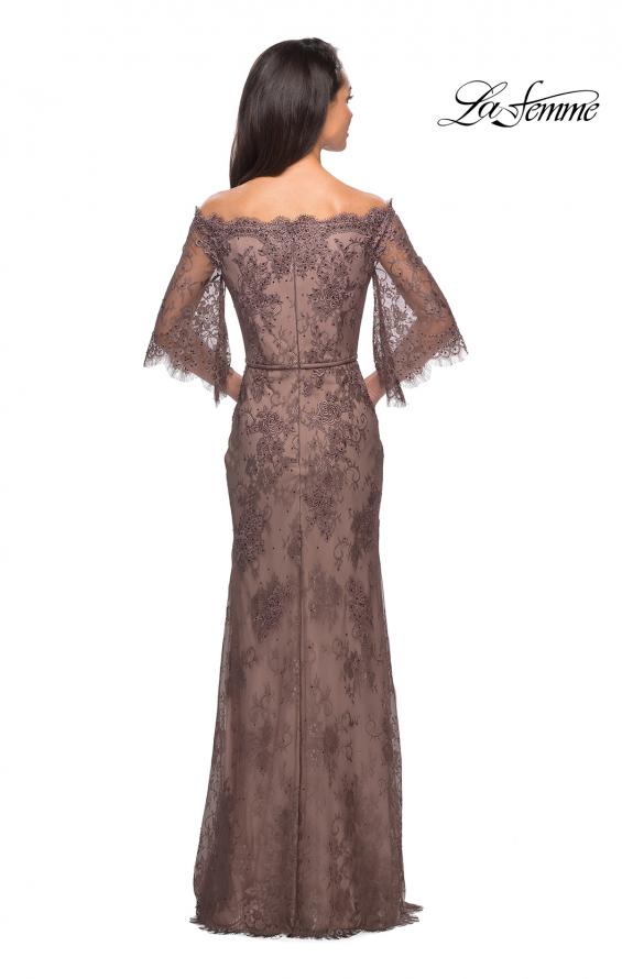 Picture of: Long Lace Gown with Off the Shoulder Flare Sleeves in Cocoa, Style: 25317, Detail Picture 4