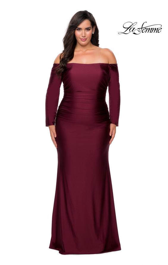 Picture of: Off The Shoulder Jersey Plus Size Long Sleeve Prom Gown in Burgundy, Style: 28881, Detail Picture 1