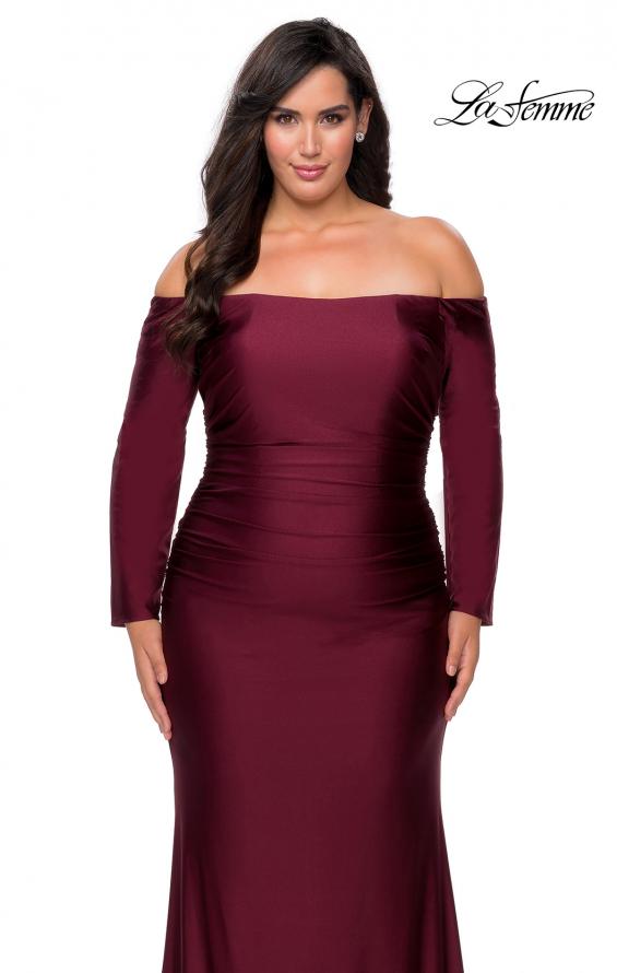 Picture of: Off The Shoulder Jersey Plus Size Long Sleeve Prom Gown in Burgundy, Style: 28881, Detail Picture 4