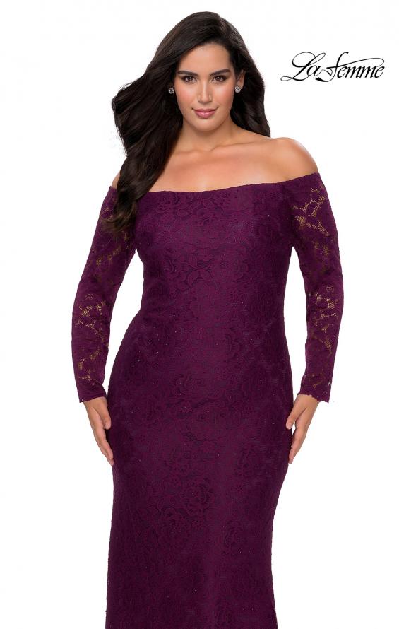 Picture of: Long Sleeve Off The Shoulder Lace Plus Size Dress in Burgundy, Style: 28859, Detail Picture 5