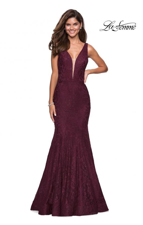Picture of: Stretch Lace Prom Dress with Plunging Neckline in Burgundy, Style: 27464, Main Picture