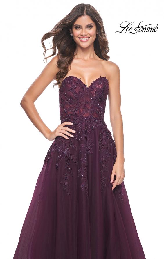Picture of: Sweetheart Tulle Strapless Gown with Lace Applique in Dark Berry, Style: 32304, Detail Picture 8