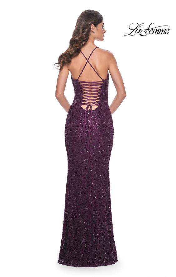 Picture of: Intricate Lace Up Back Prom Dress in Beaded Lace in Dark Berry, Style: 31973, Detail Picture 9