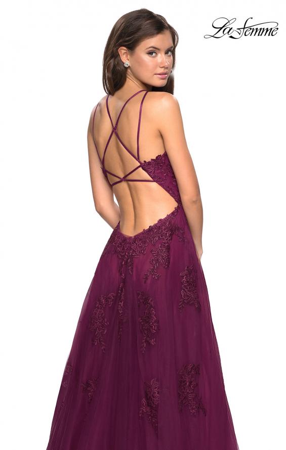Picture of: Tulle Prom Dress with Lace Bodice and Strappy Back in Burgundy, Style: 27143, Back Picture