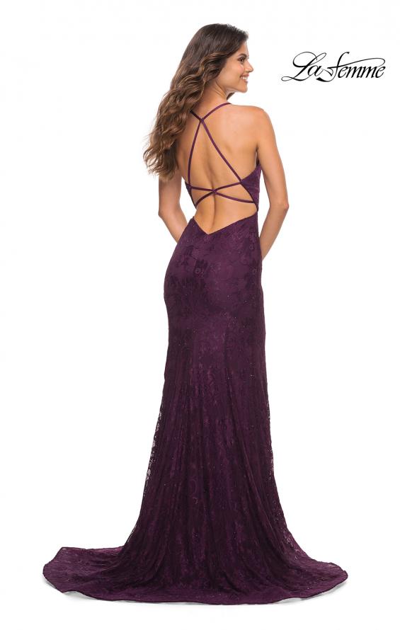 Picture of: Stretch Lace Gown with Flattering Seams at Waist in Dark Berry, Back Picture
