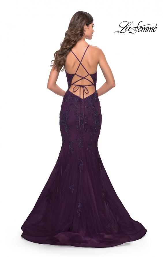 Picture of: Beautiful Mermaid Lace Applique Gown with Open Back in Dark Berry, Style: 31316, Back Picture