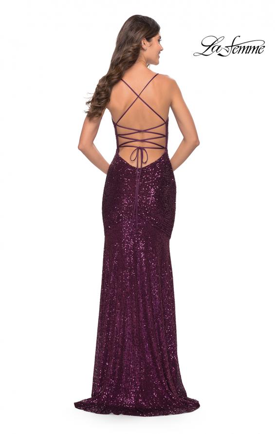 Picture of: Lace Up Back Sequin Gown with Flare Skirt in Dark Berry, Style: 31508, Back Picture