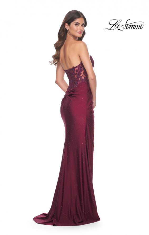 Picture of: Sheer Lace Applique Bodice Dress with Jersey Skirt in Dark Berry, Style: 32301, Back Picture