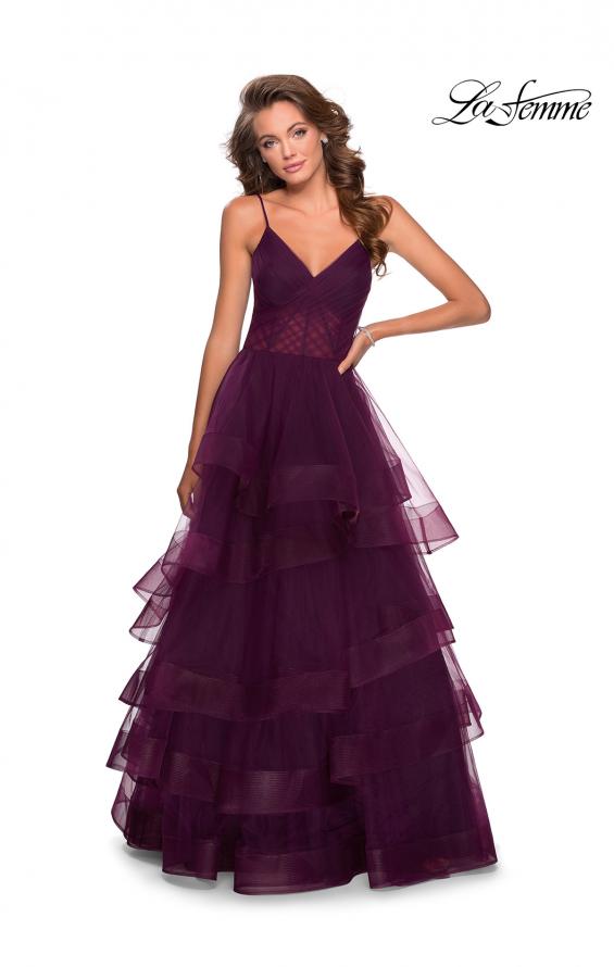 Picture of: Tiered Tulle Ball Gown with Sheer Bodice in Burgundy, Style: 28641