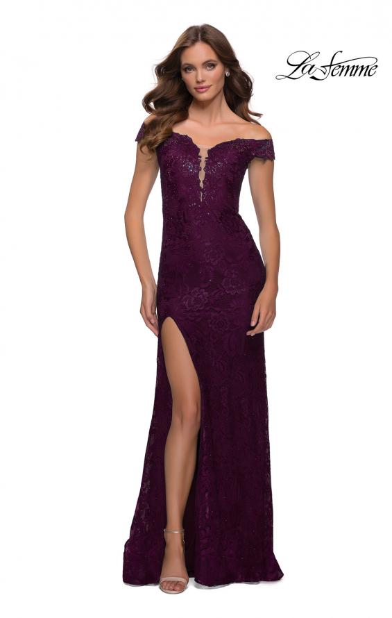Picture of: Lace Off the Shoulder Gown with Deep V Neckline in Dark Berry, Style 29693, Detail Picture 1