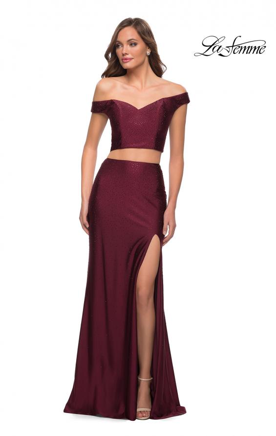 Picture of: Rhinestone Off the Shoulder Jersey Two Piece Prom Dress in Dark Berry, Style 29951, Detail Picture 1