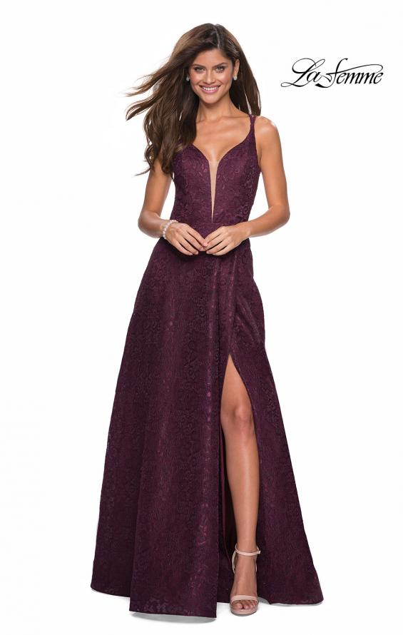 Picture of: Lace Prom Dress with Illusion Neckline and Slit in Burgundy, Style: 27612, Detail Picture 2