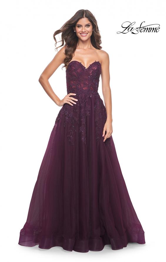 Picture of: Sweetheart Tulle Strapless Gown with Lace Applique in Dark Berry, Style: 32304, Detail Picture 2