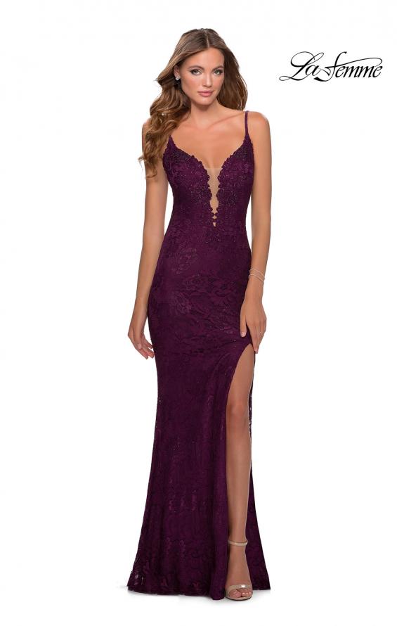Picture of: Lace Prom Dress with Deep V-Neck and Rhinestones in Burgundy, Style: 28556, Detail Picture 3