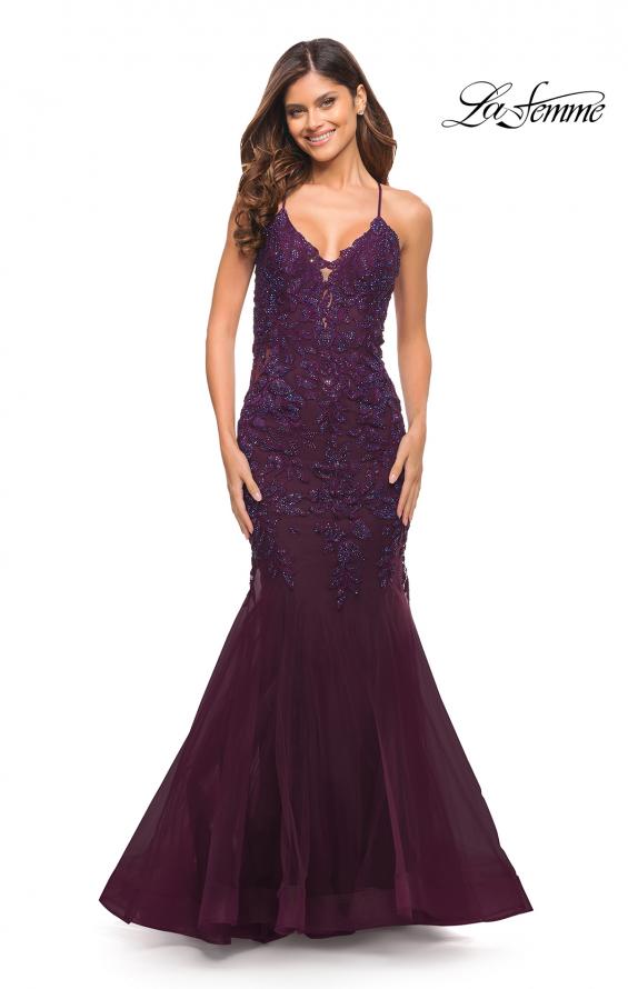 Picture of: Mermaid Tulle and Lace Jeweled Prom Dress in Dark Berry, Style: 30584, Detail Picture 3