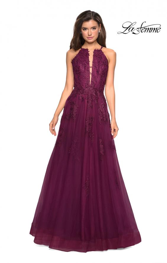 Picture of: Tulle Prom Dress with Lace Bodice and Strappy Back in Burgundy, Style: 27143, Detail Picture 4