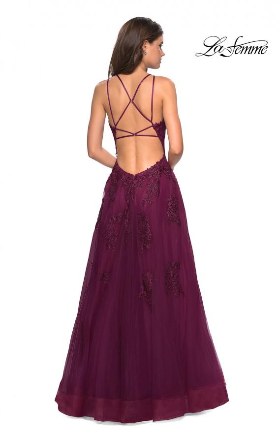 Picture of: Tulle Prom Dress with Lace Bodice and Strappy Back in Burgundy, Style: 27143, Detail Picture 5