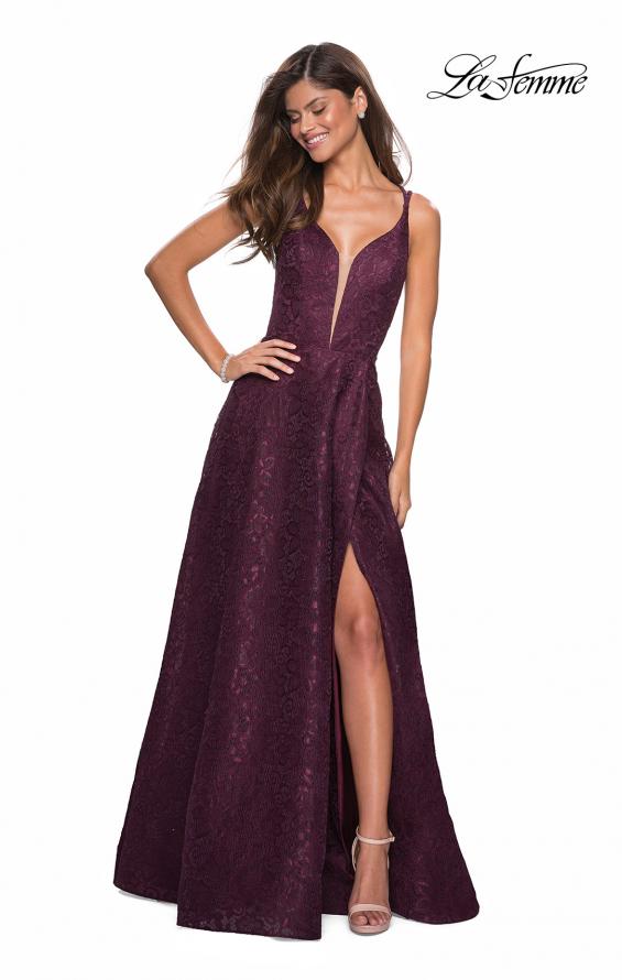 Picture of: Lace Prom Dress with Illusion Neckline and Slit in Burgundy, Style: 27612, Detail Picture 5