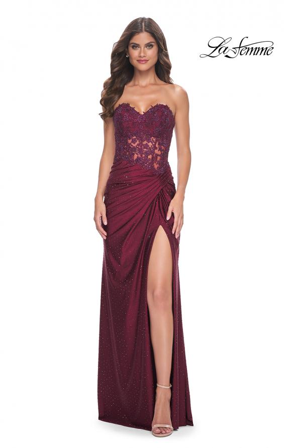 Picture of: Sheer Lace Applique Bodice Dress with Jersey Skirt in Dark Berry, Style: 32301, Detail Picture 5