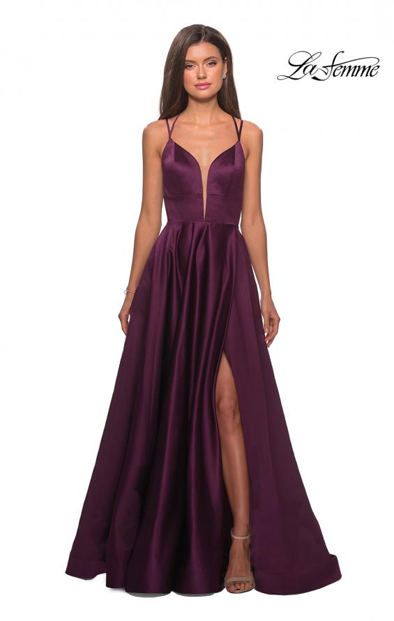 Picture of: Long Satin Formal Gown with Leg Slit and Strappy Back in Burgundy, Style: 26994, Detail Picture 6