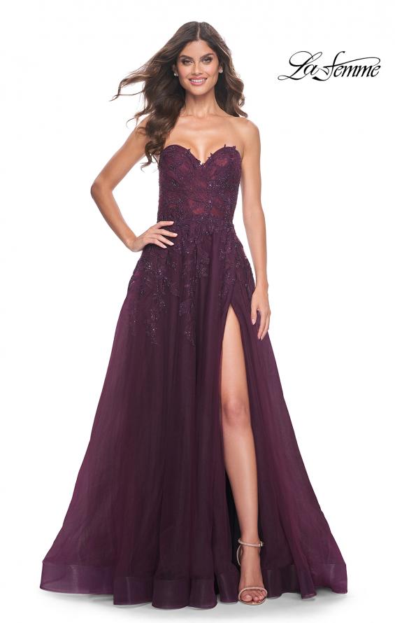Picture of: Sweetheart Tulle Strapless Gown with Lace Applique in Dark Berry, Style: 32304, Detail Picture 7