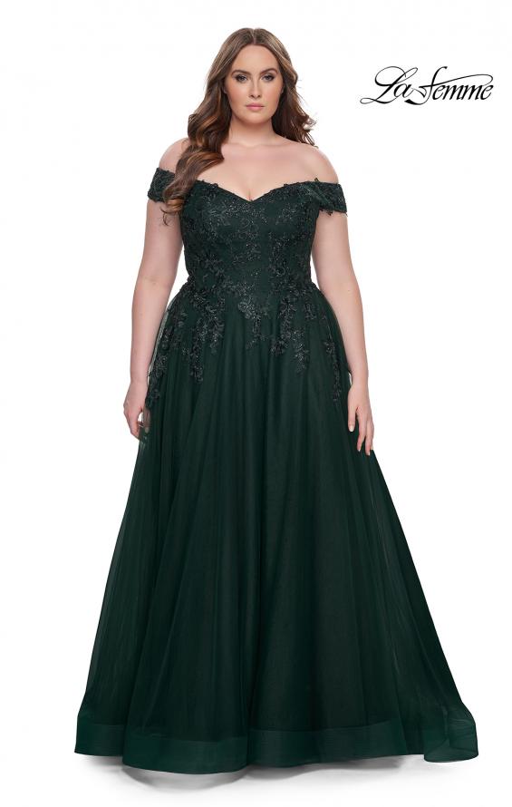 Picture of: Off The Shoulder Tulle Plus Size Gown with Lace in Dark Emerald, Style: 28950, Detail Picture 9